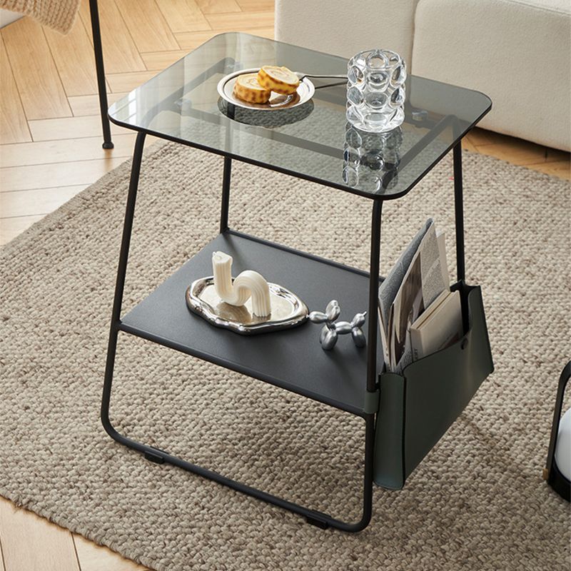 Metal Sled End Table Glass Top Side Sofa Side Accent Table with Shelf
