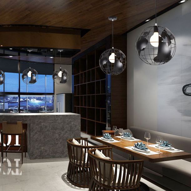 8"/12" Wide Globe Cage Metal Pendant Light Industrial 1 Light Living Room Hanging Lamp in Black/White/Pink