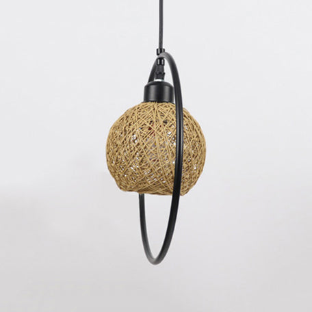 Beige/White Ball Shade Hanging Light Rustic Rattan Single Pendant Lamp with Black Metal Ring
