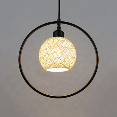 Beige/White Ball Shade Hanging Light Rustic Rattan Single Pendant Lamp with Black Metal Ring
