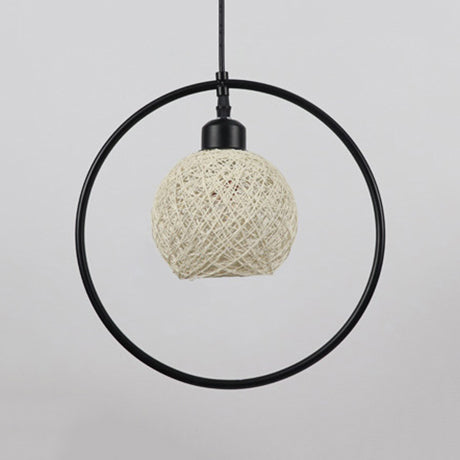 Beige/White Ball Shade Hanging Light Rustic Rattan Single Pendant Lamp with Black Metal Ring