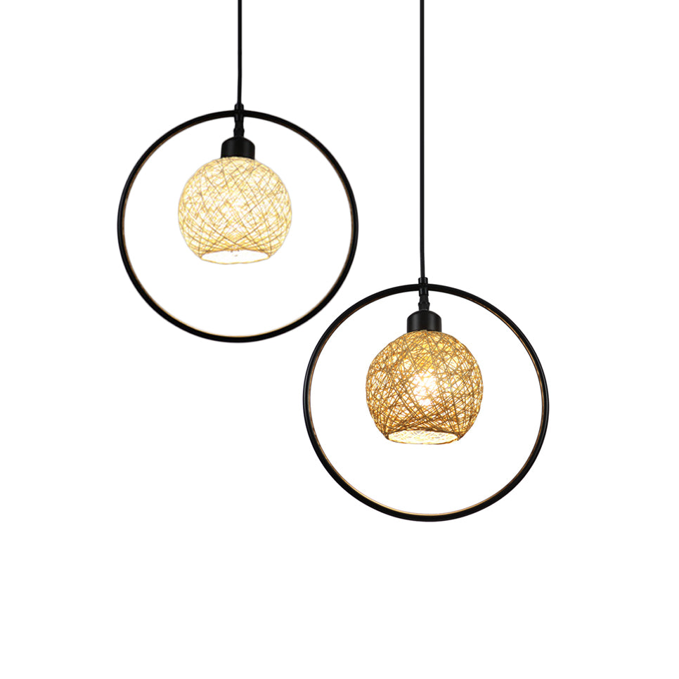 Beige/White Ball Shade Hanging Light Rustic Rattan Single Pendant Lamp with Black Metal Ring