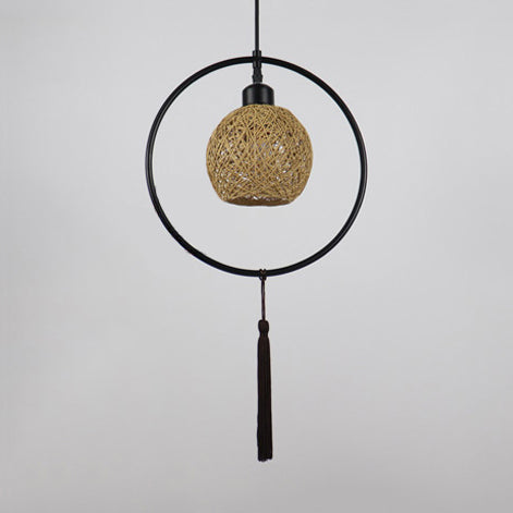 Asian Style Ball Pendant Lamp Woven Rattan 1 Bulb Hanging Light in Beige/Blue/Red with Tassels