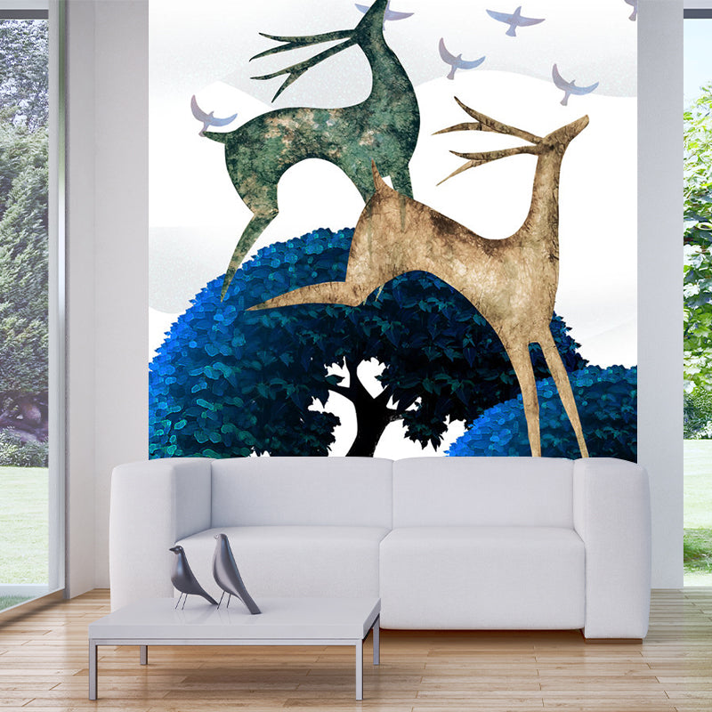 Scandinavian Deers Mural Wallpaper for Bedroom Customized Wall Covering in Blue-Green