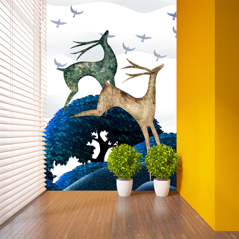 Scandinavian Deers Mural Wallpaper for Bedroom Customized Wall Covering in Blue-Green