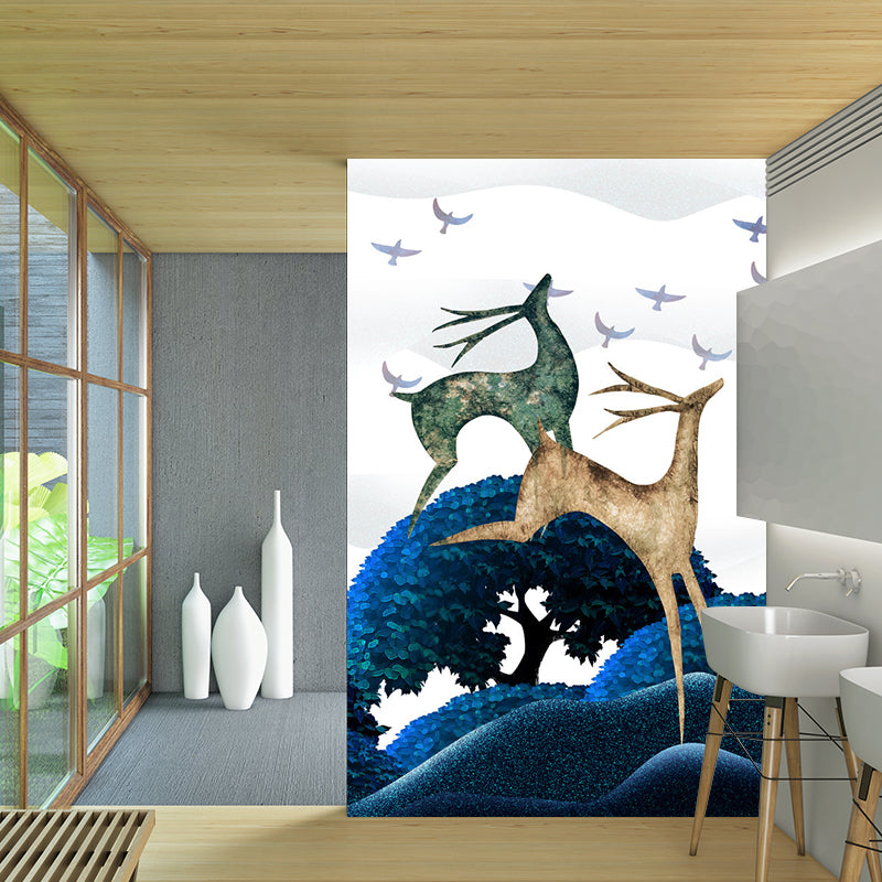 Scandinavian Deers Mural Wallpaper for Bedroom Customized Wall Covering in Blue-Green