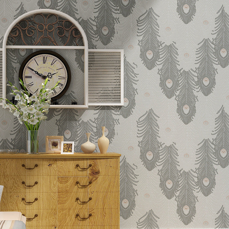 Non-Pasted Vinyl Wallpaper Peacock Feather Living Room Wall Decoration in Light Color