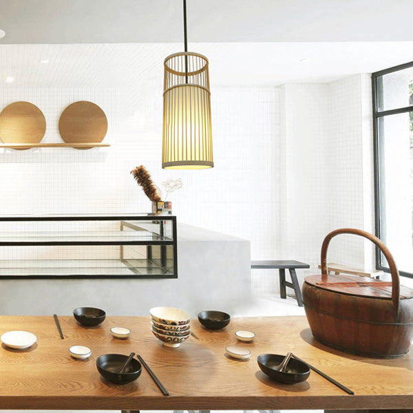 Cylinder Bamboo Shade Hanging Ceiling Lamp Contemporary Style 1 Light Beige Pendant Light Fixture