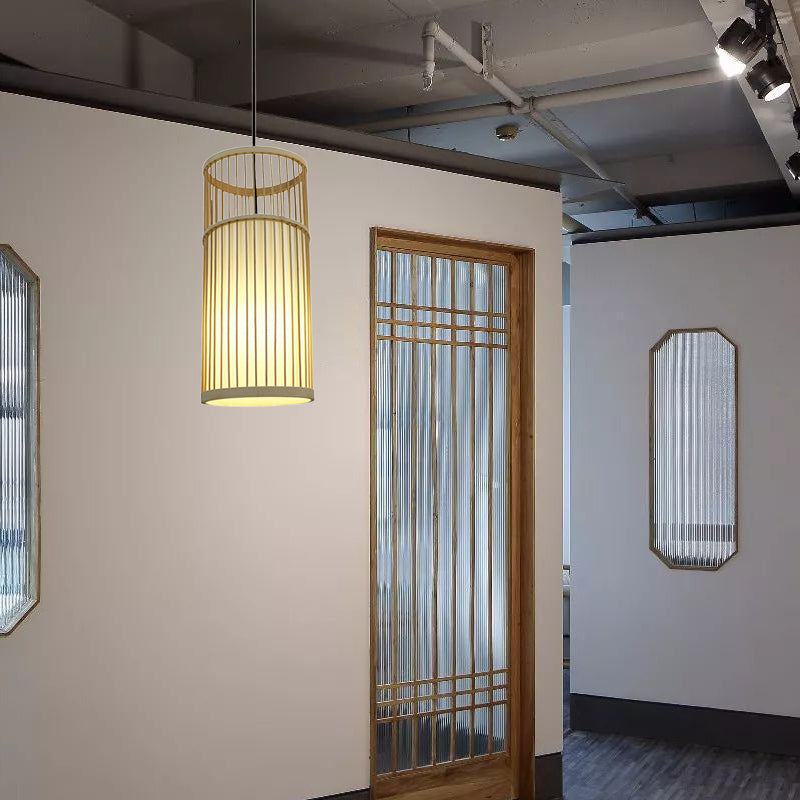 Cylinder Bamboo Shade Hanging Ceiling Lamp Contemporary Style 1 Light Beige Pendant Light Fixture