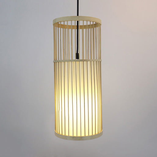 Cylinder Bamboo Shade Hanging Ceiling Lamp Contemporary Style 1 Light Beige Pendant Light Fixture