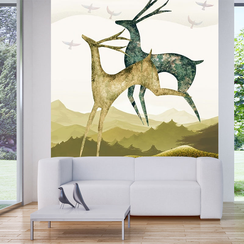 Blue-Brown Deer Mural Decal Animal Nordic Style Stain Resistant Wall Art for Bedroom