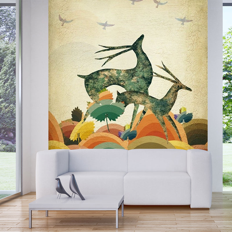 Wild Land Deers Wallpaper Murals Beige Scandinavian Wall Decoration for Living Room