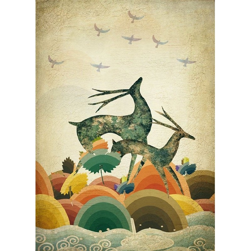 Wild Land Deers Wallpaper Murals Beige Scandinavian Wall Decoration for Living Room