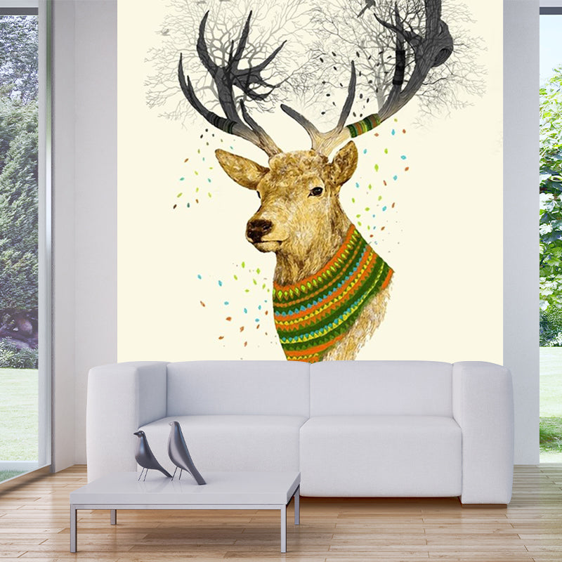 Beige Elk Head Painting Murals Waterproof Nordic Bedroom Wall Covering, Non-Woven