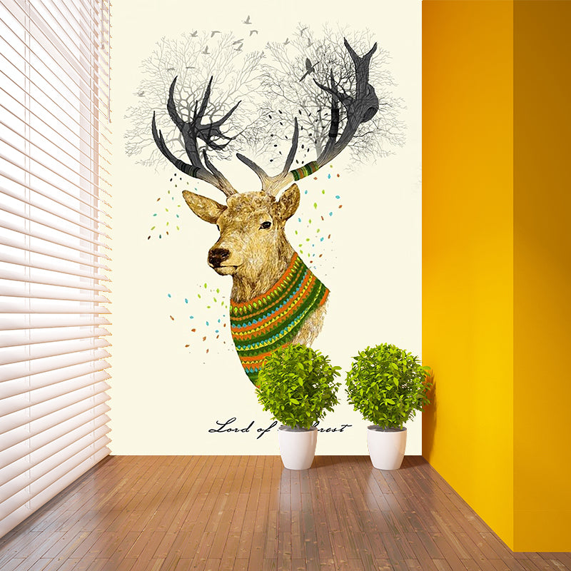 Beige Elk Head Painting Murals Waterproof Nordic Bedroom Wall Covering, Non-Woven