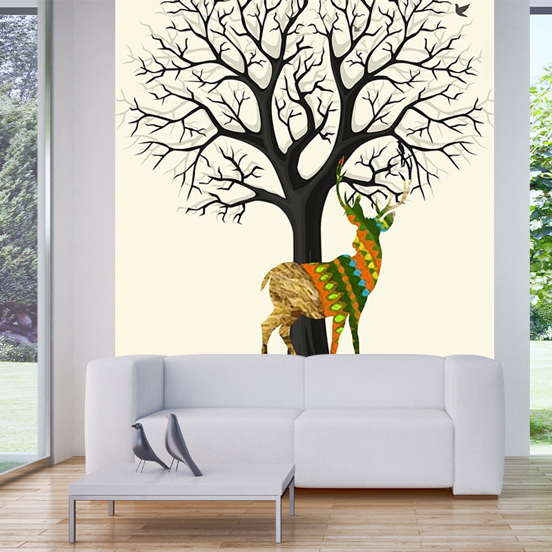 Deer and Leafless Tree Mural Nordic Moisture Resistant Bedroom Wall Covering, Custom Made