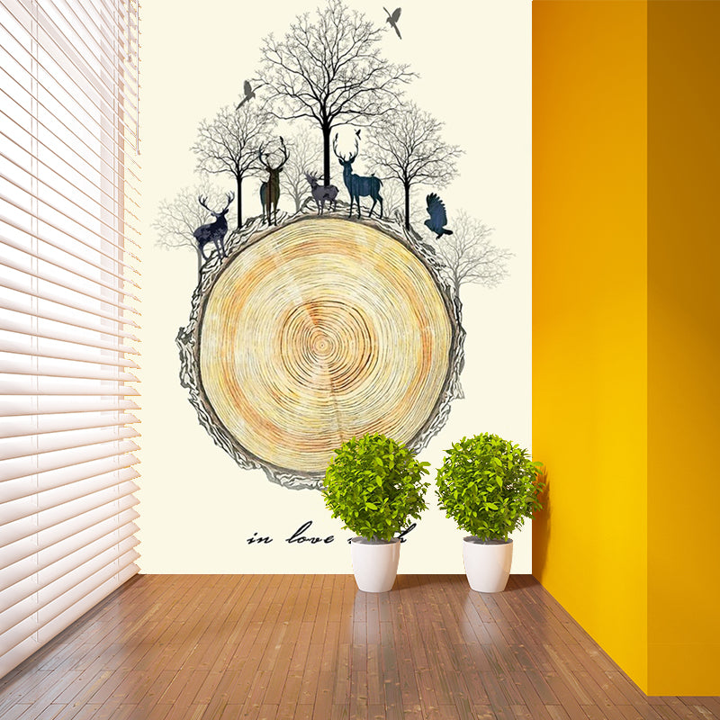 Decorative Deers Wall Mural Decal Beige Wood Trunk Wall Art for Living Room, Optional Size
