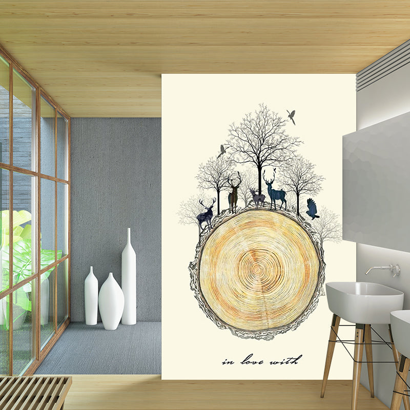 Decorative Deers Wall Mural Decal Beige Wood Trunk Wall Art for Living Room, Optional Size