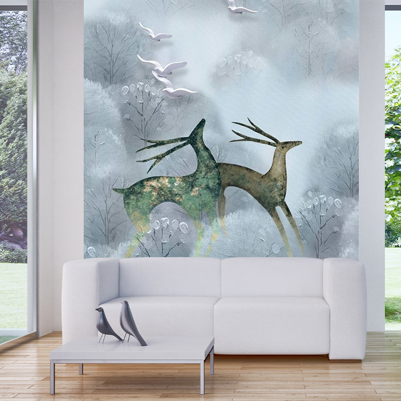 Large Scandinavian Wall Murals Grey and Blue Deers in Foggy Bushes Wall Decor, Customized Size
