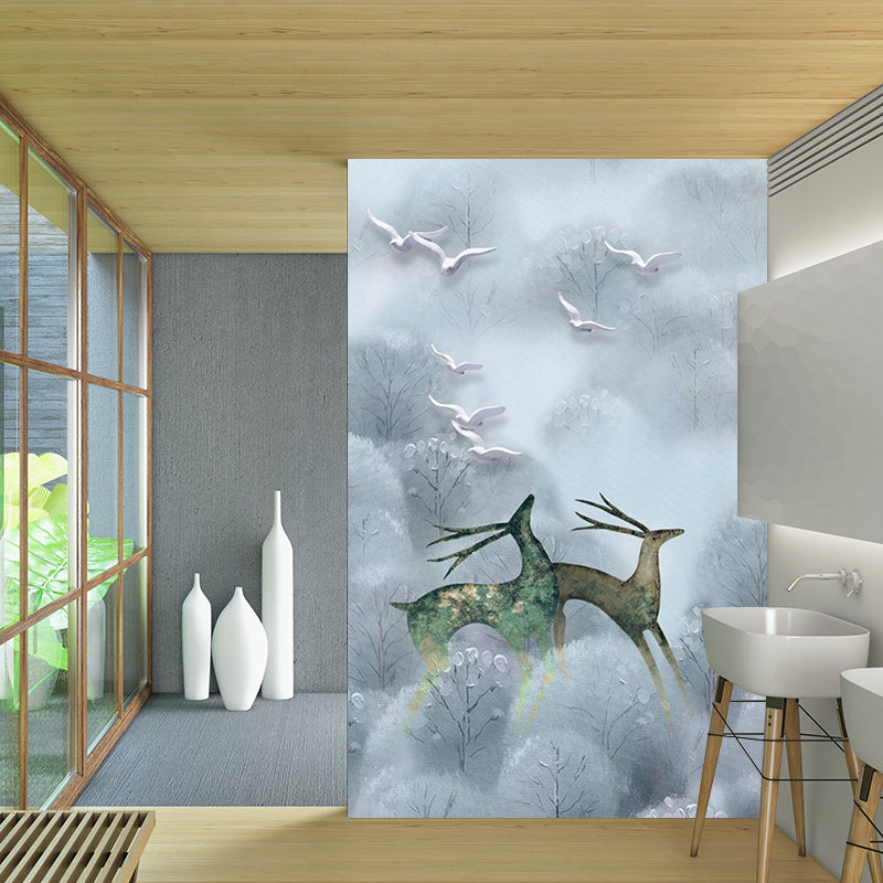 Large Scandinavian Wall Murals Grey and Blue Deers in Foggy Bushes Wall Decor, Customized Size