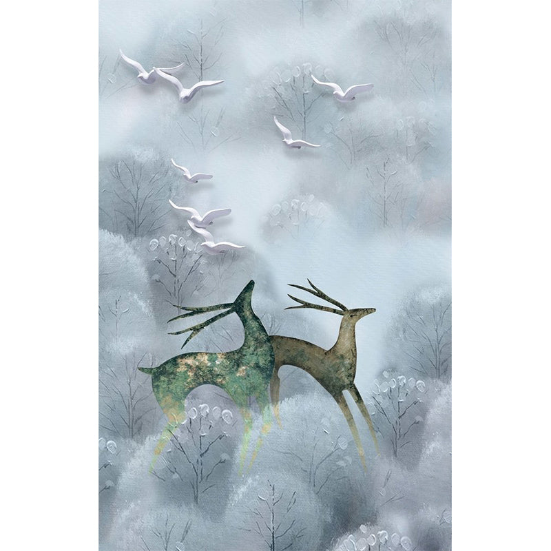 Large Scandinavian Wall Murals Grey and Blue Deers in Foggy Bushes Wall Decor, Customized Size
