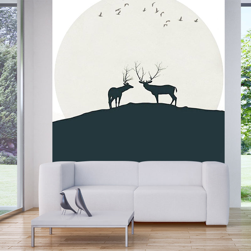 Deers Under Huge Moon Mural Decal Black and White Minimalistic Wall Art for Bedroom