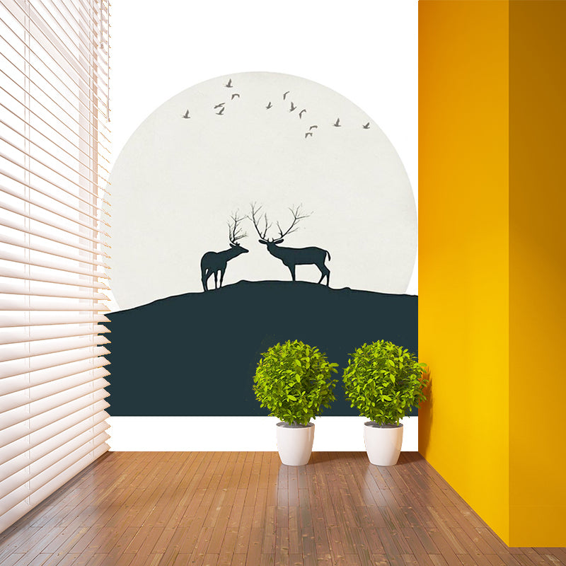 Deers Under Huge Moon Mural Decal Black and White Minimalistic Wall Art for Bedroom