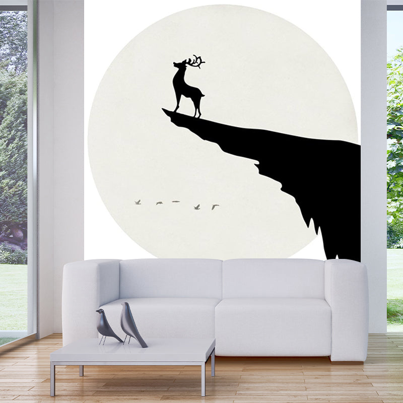 Custom Illustration Simple Wall Murals with Deer on Cliff at Full Moon Night Pattern in Black-White