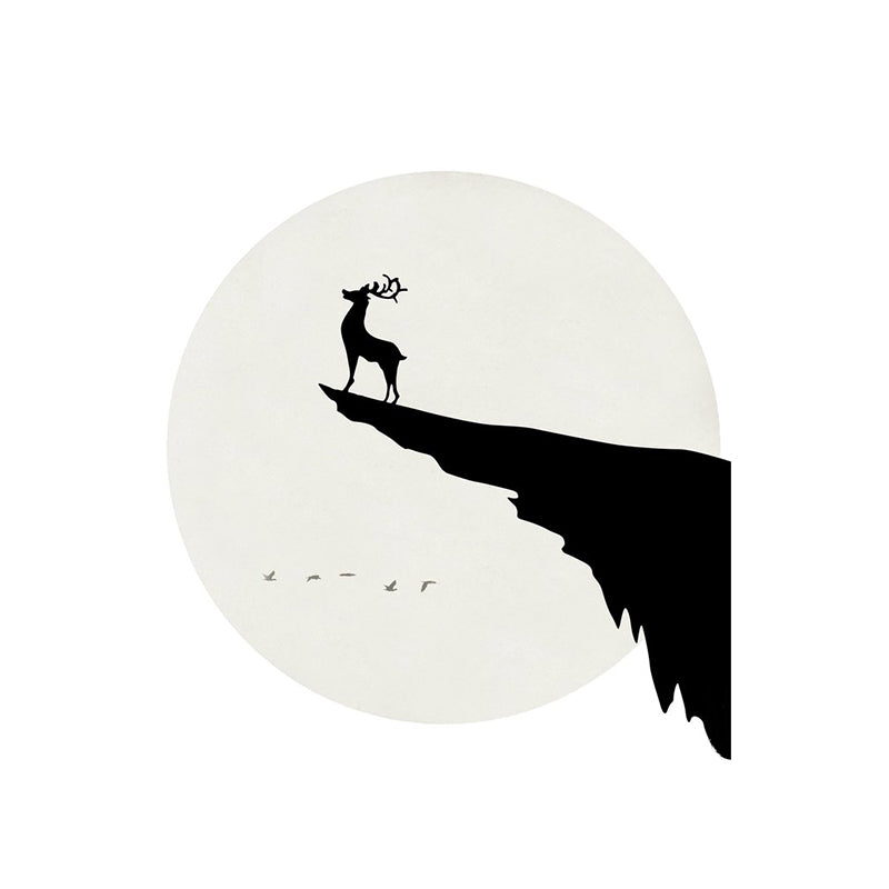 Custom Illustration Simple Wall Murals with Deer on Cliff at Full Moon Night Pattern in Black-White