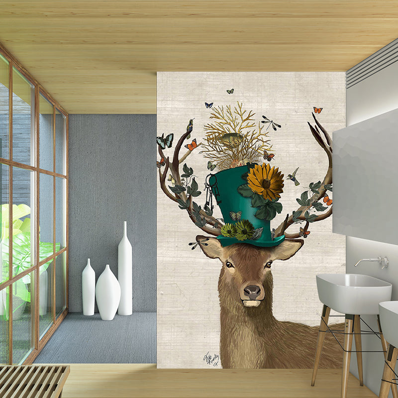Illustration Deer Gentleman Murals Large Wall Covering for Living Room, Made to Measure
