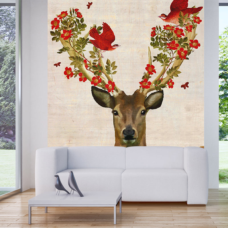 Red Brown Artistry Wallpaper Murals Whole Deer with Flower Antler Wall Art for Bedroom