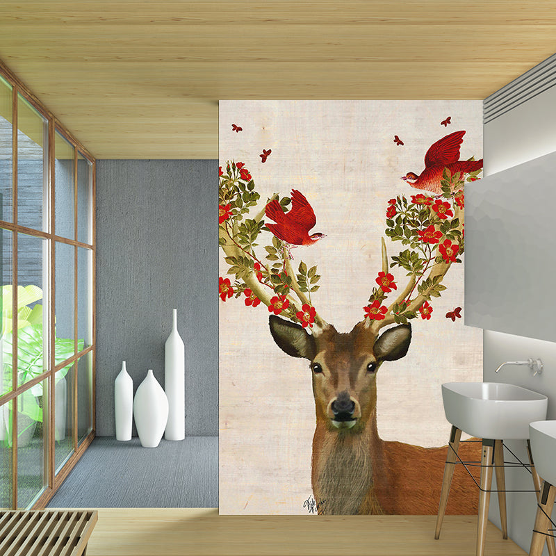 Red Brown Artistry Wallpaper Murals Whole Deer with Flower Antler Wall Art for Bedroom
