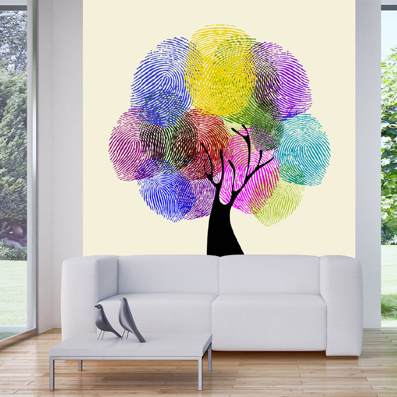 Creative Finger Print Tree Murals Blue-Purple-Yellow Water Resistant Wall Covering for Home
