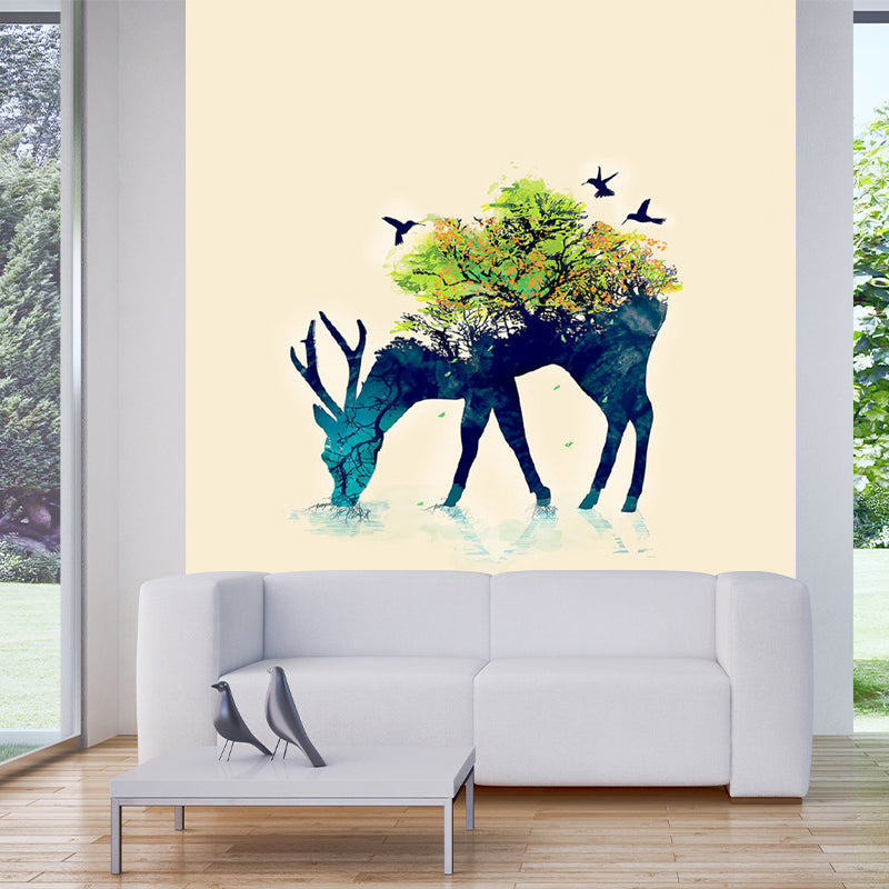 Aesthetics Deer and Forest Mural Decal Blue-Green Living Room Wall Decoration, Custom Size
