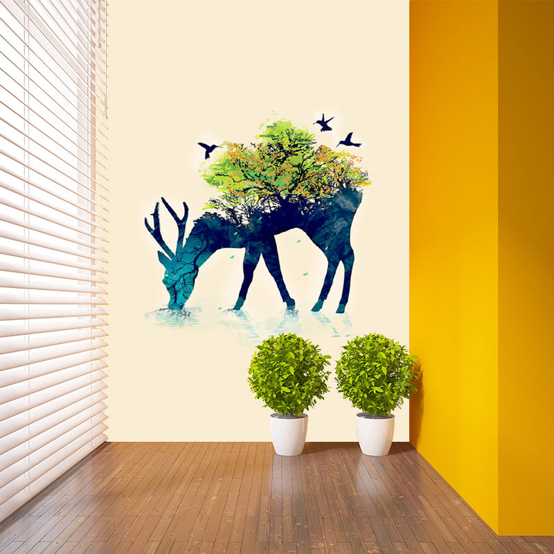 Aesthetics Deer and Forest Mural Decal Blue-Green Living Room Wall Decoration, Custom Size