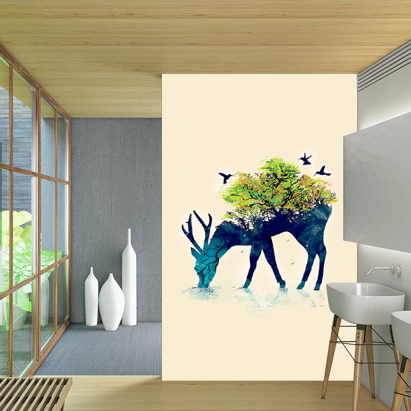 Aesthetics Deer and Forest Mural Decal Blue-Green Living Room Wall Decoration, Custom Size