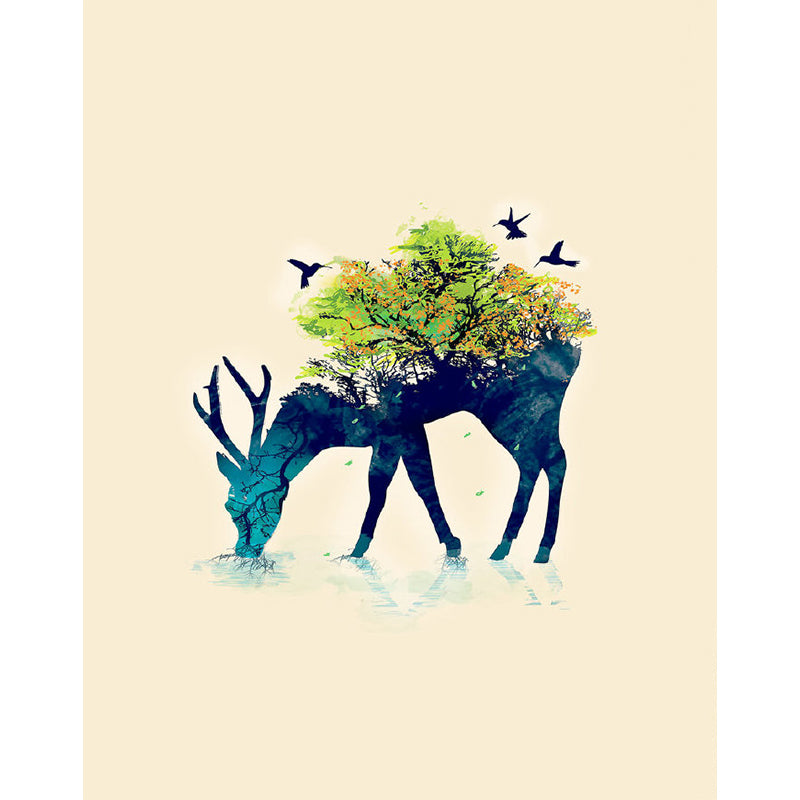 Aesthetics Deer and Forest Mural Decal Blue-Green Living Room Wall Decoration, Custom Size
