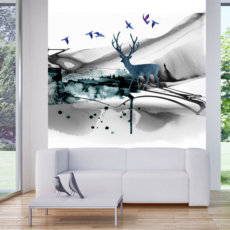 Artistic Watercolor Deer Mural Grey and Green Landscape Painting Wall Covering for Accent Wall