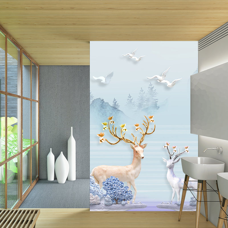 Whole Scenery Wall Paper Murals Nordic Gulls and Deers by the Riverside Wall Art in Blue