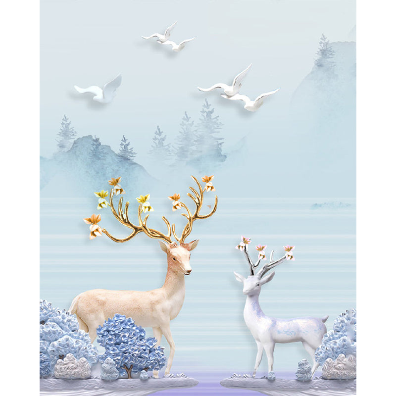 Whole Scenery Wall Paper Murals Nordic Gulls and Deers by the Riverside Wall Art in Blue