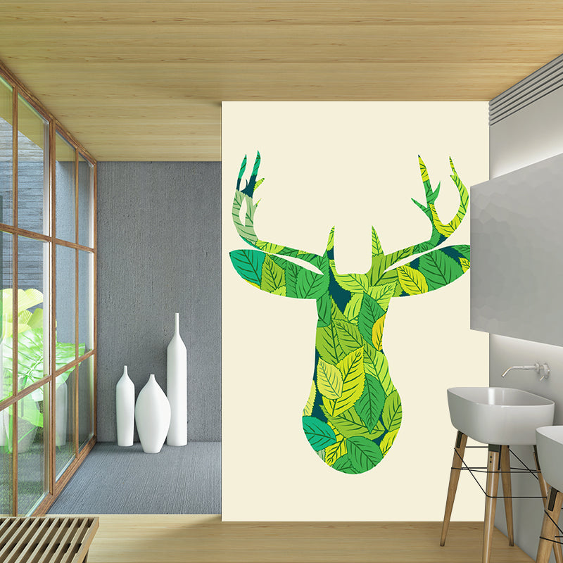 Green Deer-Shaped Leaf Mural Decal Water Resistant Wall Covering for Living Room