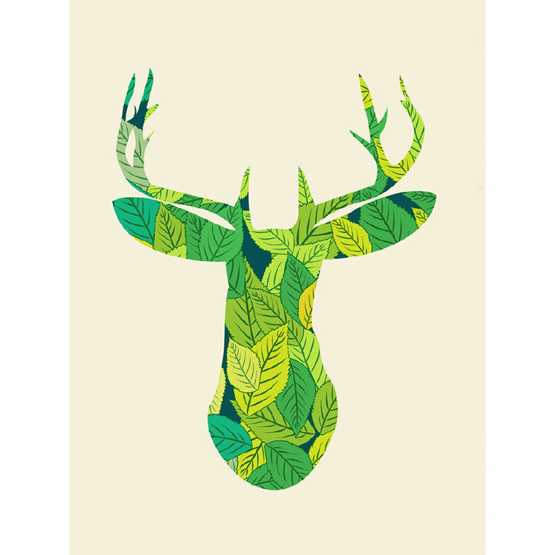 Green Deer-Shaped Leaf Mural Decal Water Resistant Wall Covering for Living Room