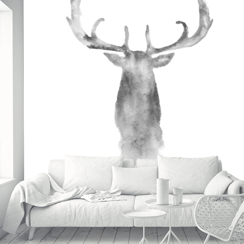 Ink Painting Elk Head Murals Grey Simplicity Wall Art for Bedroom, Custom Size Available