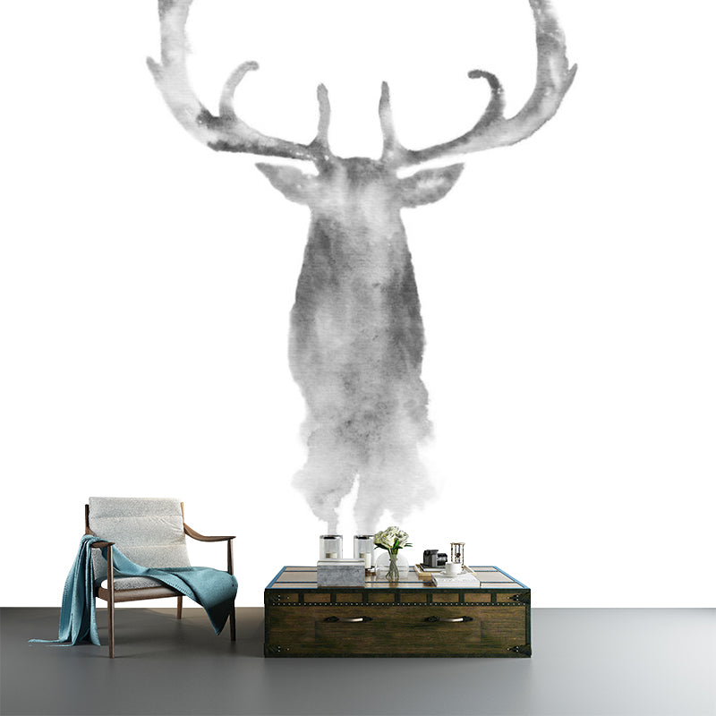 Ink Painting Elk Head Murals Grey Simplicity Wall Art for Bedroom, Custom Size Available