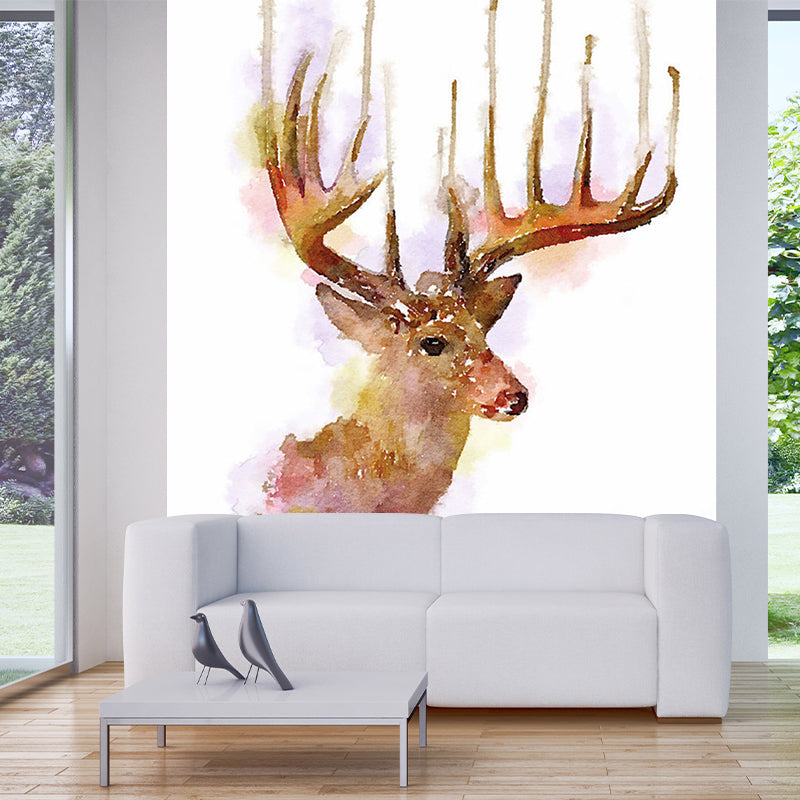 Watercolor Deer Head Mural Wallpaper Art Deco Stain Resistant Bedroom Wall Covering, Custom Made