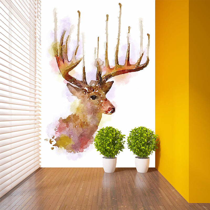 Watercolor Deer Head Mural Wallpaper Art Deco Stain Resistant Bedroom Wall Covering, Custom Made