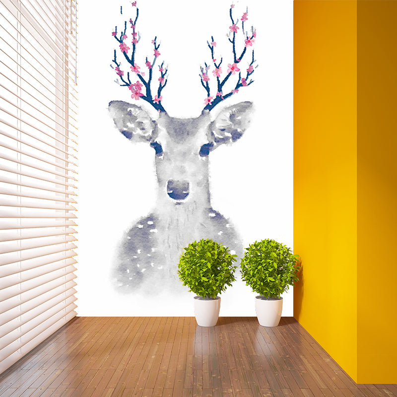 Full-Size Animal Wall Murals for Accent Wall Sika Deer Wall Covering in Grey, Washable