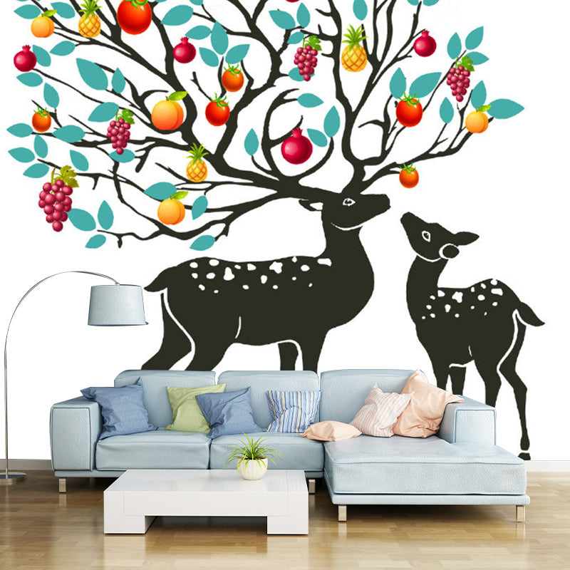 Full Size Decorative Wallpaper Mural Red-Yellow-Blue Sika Deer with Fruit Tree Antler Wall Covering, Custom Print