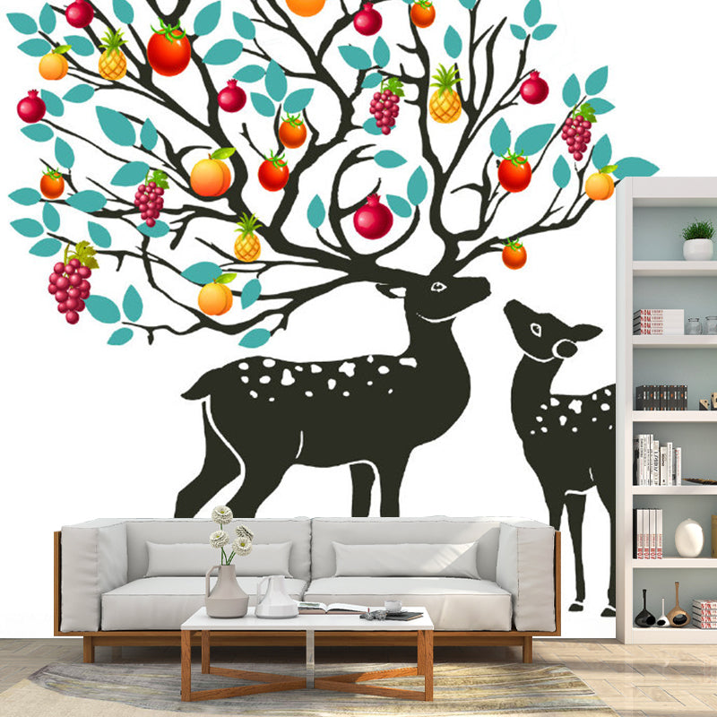 Full Size Decorative Wallpaper Mural Red-Yellow-Blue Sika Deer with Fruit Tree Antler Wall Covering, Custom Print