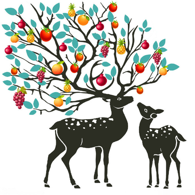 Full Size Decorative Wallpaper Mural Red-Yellow-Blue Sika Deer with Fruit Tree Antler Wall Covering, Custom Print